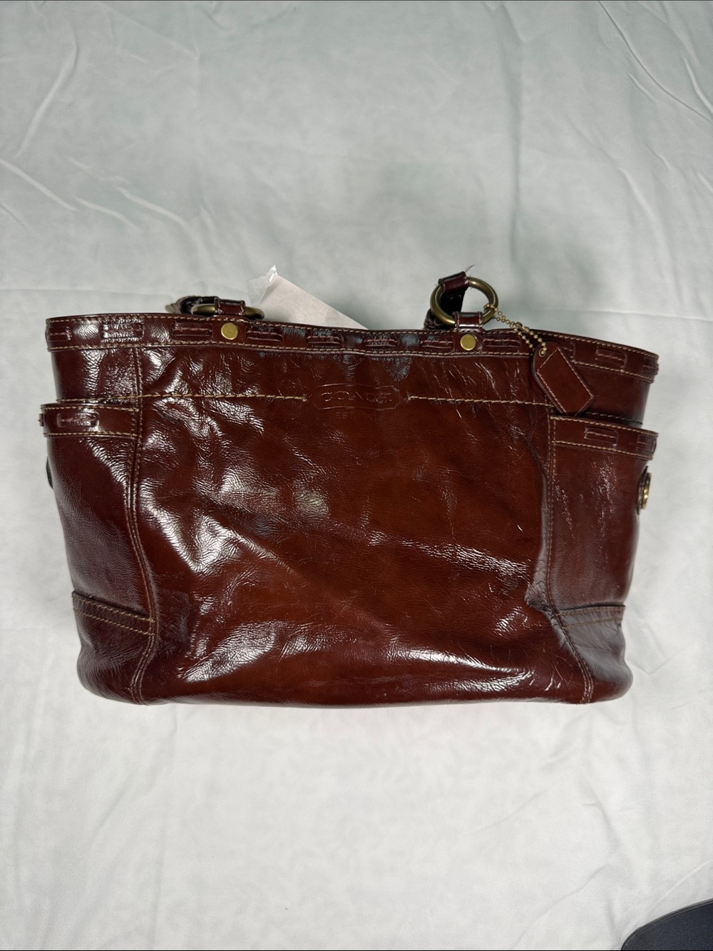 Coach Dark Brown Leather Shoulder Tote with Brass Accents